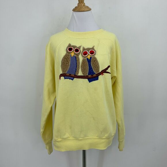 Vintage Owl Chenille Sweater Size L Yellow Long Sleeve Fleece Pullover 80s *READ - Picture 2 of 11